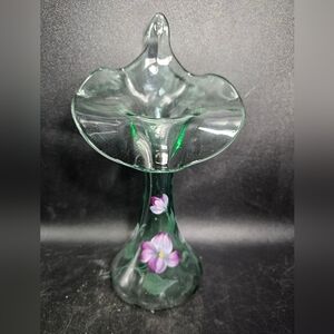 Green Glass Vase with Purple‎ Floral Design
